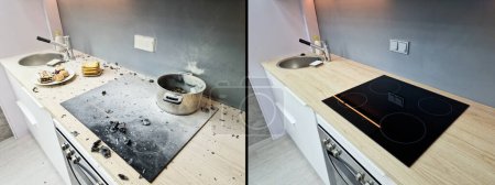Foto de Servicio de Lavado de Hogares. Cocina sucia después de la limpieza. Cocina Quemadura Accidente - Imagen libre de derechos