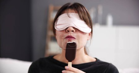 Blind Taste. Blindfolded Food Test. Woman Face