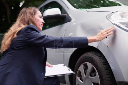 Téléchargez les photos : Agent d’assurance inspectant endommagé la voiture avec le formulaire de réclamation d’assurance - en image libre de droit