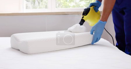 Téléchargez les photos : Nettoyage antiparasitaire d'oreiller de punaise de lit utilisant la machine à vapeur - en image libre de droit