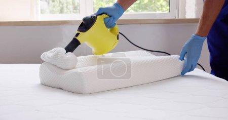 Photo for Bed Bug Pillow Pest Control Cleaning Using Steam Machine - Royalty Free Image