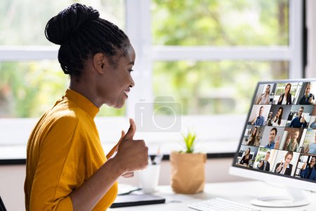 Photo for Virtual Telework Webinar And Learning Presentation. African Person Telecommute - Royalty Free Image