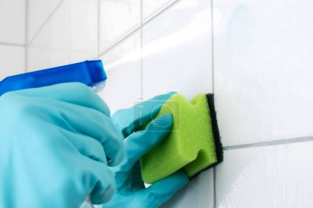 Photo for Cleaning Service Professional Wearing Gloves Cleaning The Tiled Wall Using Sponge And Spray Bottle - Royalty Free Image