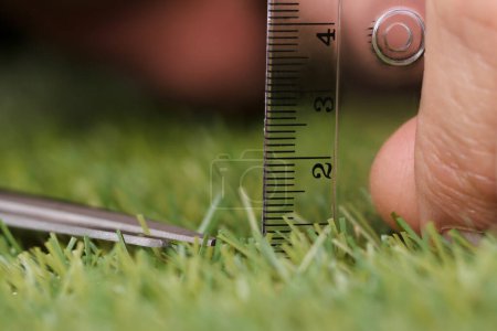 Foto de Primer plano de un hombre que usa la escala de medición mientras corta hierba con tijeras - Imagen libre de derechos