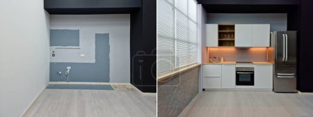 Photo for Before And After Of Modern Kitchen Apartment Room In Renovated House - Royalty Free Image