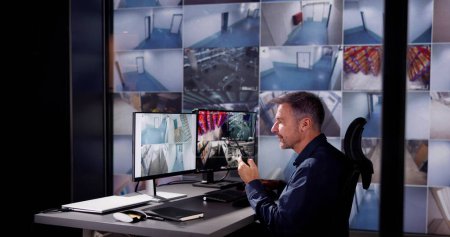 Téléchargez les photos : Le garde de sécurité surveille le système de vidéosurveillance dans la pièce - en image libre de droit