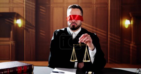 Foto de Juez con los ojos vendados en la sala de audiencias con escalas de justicia - Imagen libre de derechos