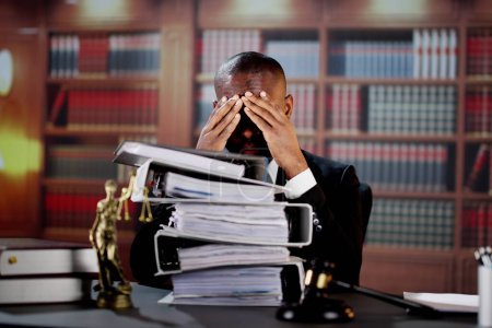 Téléchargez les photos : Jeune avocat masculin stressé travaillant avec des dossiers empilés - en image libre de droit