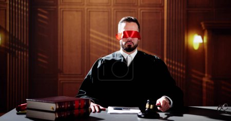 Photo for Blindfolded Judge In Courtroom Striking Gavel. Criminal Litigation - Royalty Free Image