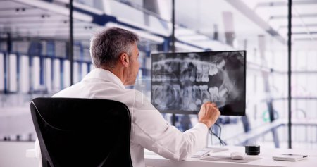 Téléchargez les photos : Médecin dentiste regardant les rayons X des dents sur l'ordinateur - en image libre de droit