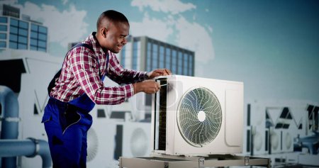 Photo for AC Electrician Technician Repairing Air Conditioner Appliance - Royalty Free Image