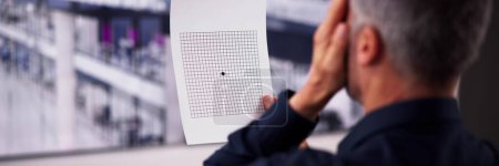 Man taking eye examination test with Amsler grid