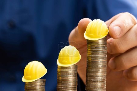 Photo for Hard Hat Construction Worker Saving Money Budgeting Wisely - Royalty Free Image