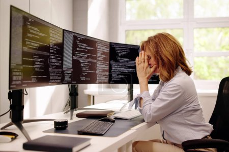 Infeliz desarrollador triste programador mujer en el estrés de codificación de software en la computadora