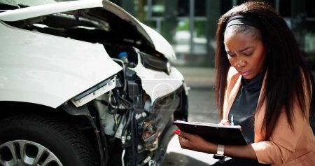 Foto de Agente de seguros de automóvil afroamericano que inspecciona reclamo de accidente - Imagen libre de derechos