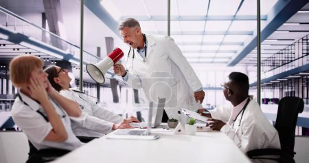 Group Dominator Doctor Bullying Diverse Nurses In Meeting