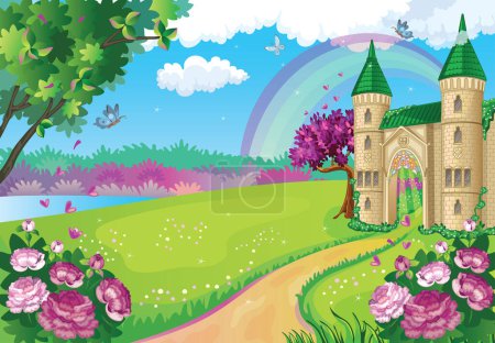 Illustration for Fairytale background with flower meadow. Wonderland. Princess's castle and rainbow. Fabulous landscape. Beautiful Park or garden. Cartoon children's illustration for puzzles, stickers. Vintage farm. Vector - Royalty Free Image