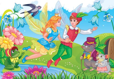 Illustration for Thumbelina and little prince. Elf Princess. Fairy tale background. Flower meadow and rainbow. Fabulous landscape. Cinderella and magical animals frog, mole and mouse. Wonderland. Children illustration for wallpapers, puzzles. Vector. - Royalty Free Image