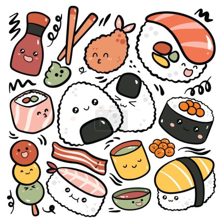 Ilustración de Conjunto dibujado a mano de elementos de sushi para el diseño. ilustración vectorial. - Imagen libre de derechos