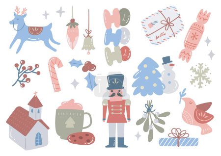 Téléchargez les illustrations : Icônes de thème de Noël mignon et confortable dans les couleurs pastel - en licence libre de droit