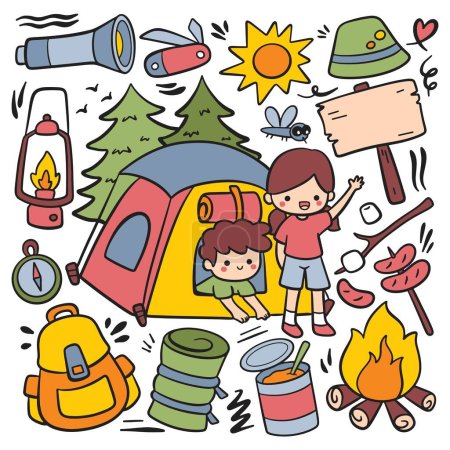 Illustration for Camping, hiking, camp-travel and adventure doodle style vector - Royalty Free Image