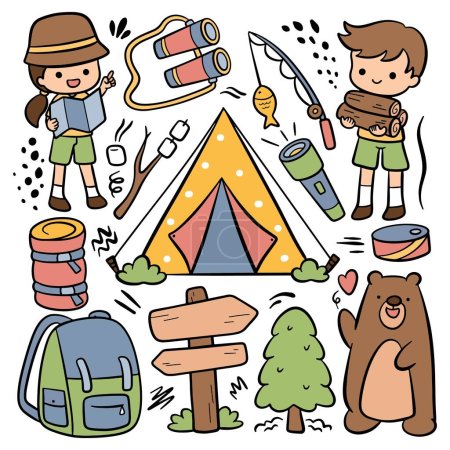 Illustrazione per Camping, hiking, camp-travel and adventure doodle style vector - Immagini Royalty Free