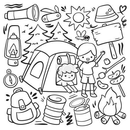 Ilustración de Camping, hiking, camp-travel and adventure doodle style vector - Imagen libre de derechos
