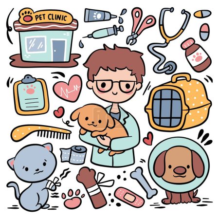Téléchargez les illustrations : Cartoon vector art, set of cute characters with funny elements of pet clinic - en licence libre de droit