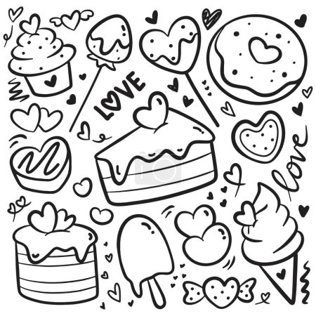 Téléchargez les illustrations : Hand Drawn Chocolate cake, Valentines Day Doodle Elements - en licence libre de droit
