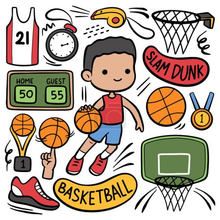 Illustration for Doodle Style Cartoon Basketball Player and Equipment - Royalty Free Image