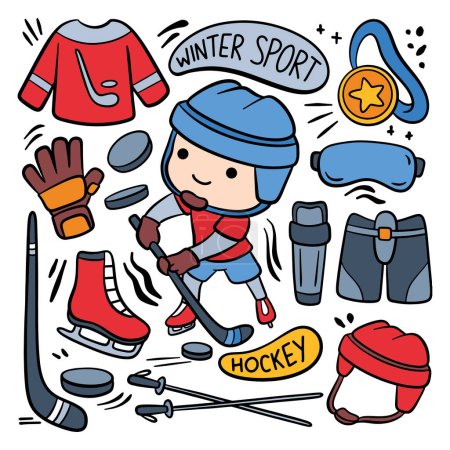 Ilustración de Doodle Style Cartoon Hockey Player and Equipment - Imagen libre de derechos