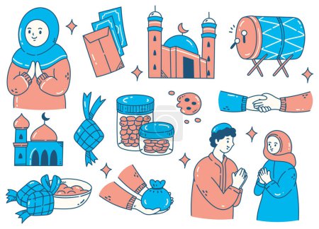 Téléchargez les illustrations : Ramadan kareem illustration dessinée, art du gribouillage coloré avec des icônes ensemble - en licence libre de droit