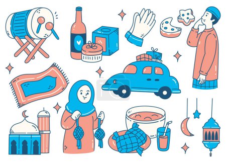 Illustration for Ramadan kareem drawn illustration, colorful doddle art with set icons - Royalty Free Image