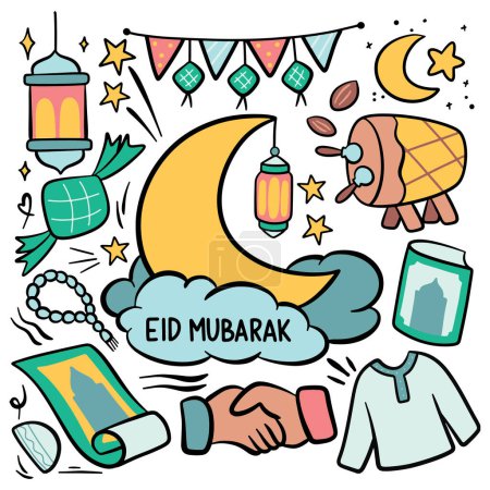 Foto de Conjunto de dibujos animados dibujados a mano Eid Al Fitr Doodle. luna con estrellas - Imagen libre de derechos