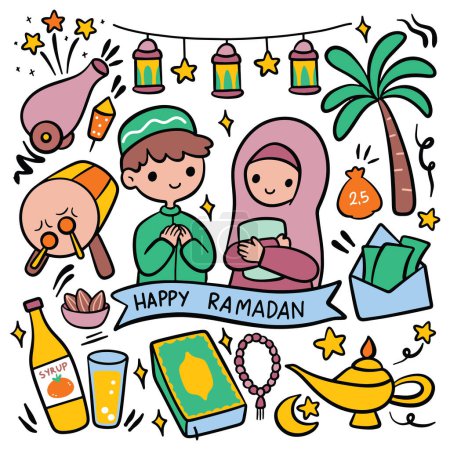 Foto de Ramadán kareem ilustración dibujada, personajes de dibujos animados lindos rezar, iconos establecidos - Imagen libre de derechos