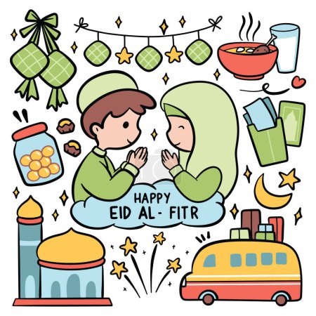 Foto de Conjunto de dibujos animados dibujados a mano Eid Al Fitr Doodle, niño y niña rezan - Imagen libre de derechos