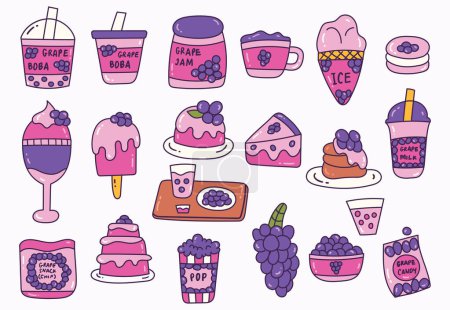 Téléchargez les illustrations : Aliments et boissons au raisin, icônes de l'art doodle - en licence libre de droit