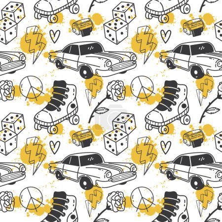 grunge retro stuff. seamless pattern with film rolls, dice, rollers and vintage car 