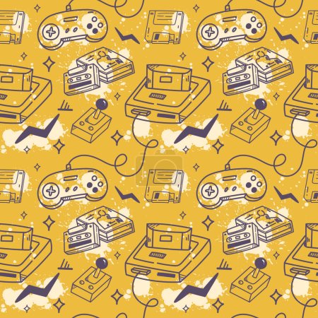 Illustration for Grunge retro stuff. seamless pattern with joystick controller, video game - Royalty Free Image