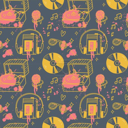 Illustration for Grunge retro stuff. seamless pattern with musical vinyl, players - Royalty Free Image