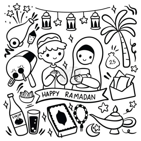 Illustration for Ramadan kareem drawn illustration, cute cartoon boy and girl pray, set icons - Royalty Free Image