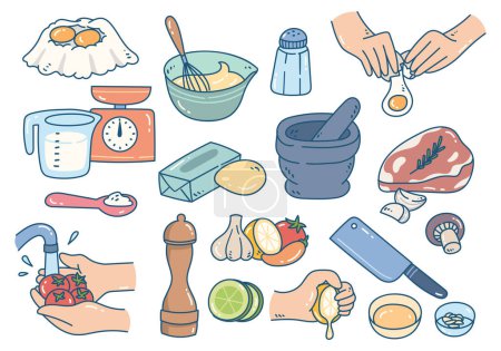 Foto de Alimentos que preparan garabatos, cocción y hornear elementos dibujados a mano - Imagen libre de derechos