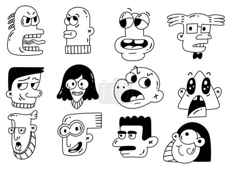 Téléchargez les illustrations : Ensemble de têtes de dessin animé rétro avec des expressions - en licence libre de droit