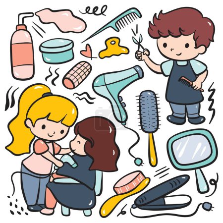 Illustration for Hand drawn cartoon hairdresser and equipment - Royalty Free Image