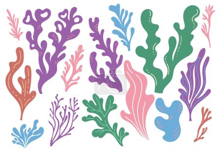 Coral reefs and seaweeds, doodle design elements