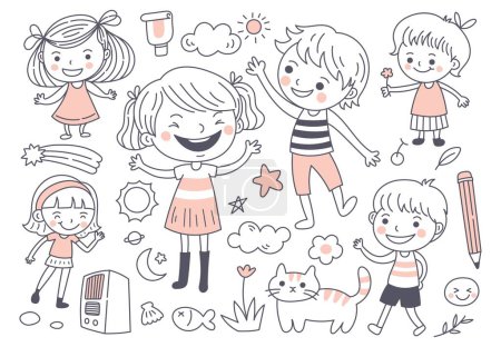 Téléchargez les illustrations : Dessins animés enfants heureux, éléments doodle - en licence libre de droit