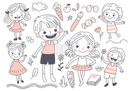 Illustration for Cartoon happy kids, doodle elements - Royalty Free Image