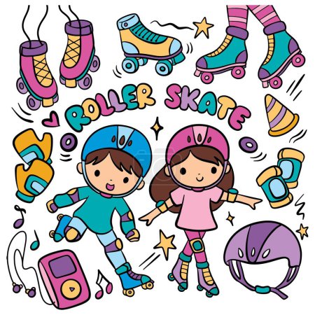 Illustration for Cute roller skate set. kids doodle. - Royalty Free Image