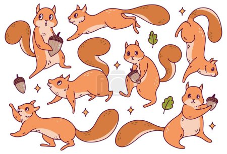 Téléchargez les illustrations : Ensemble d'écureuils de bande dessinée rouge mignon avec des feuilles de chêne, glands et étoiles isolés sur fond blanc - en licence libre de droit