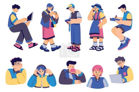 Illustration for Set of teenage boys and girls in various activity flat style illustration - Royalty Free Image